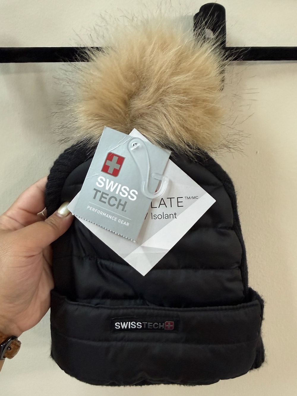 Swiss Tech Black Knit Beanie with Tan Faux-Fur Pom